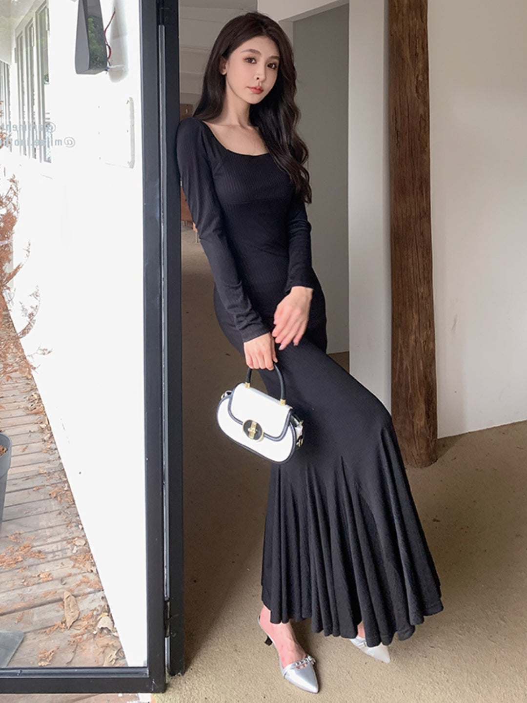 Black Round Neck Solid Long Sleeves Maxi Bodycon Polyester Dress