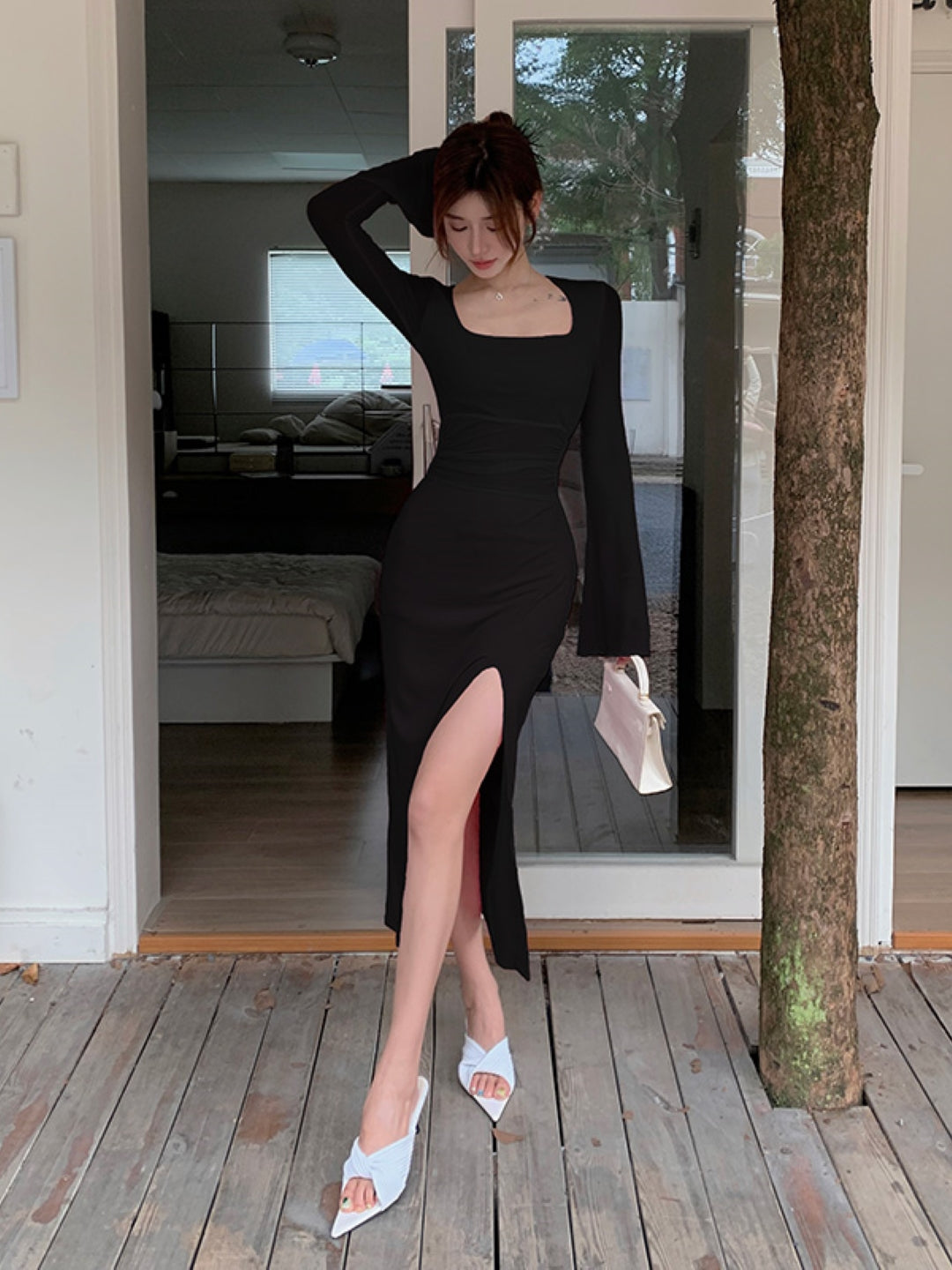 Black Square Neck Solid Long Sleeves Maxi Bodycon Polyester Dress