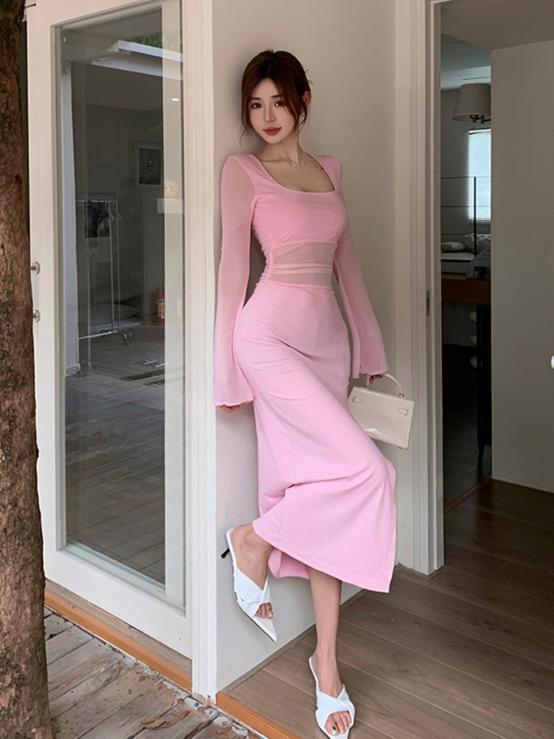 Pink Square Neck Solid Long Sleeves Maxi Bodycon Polyester Dress