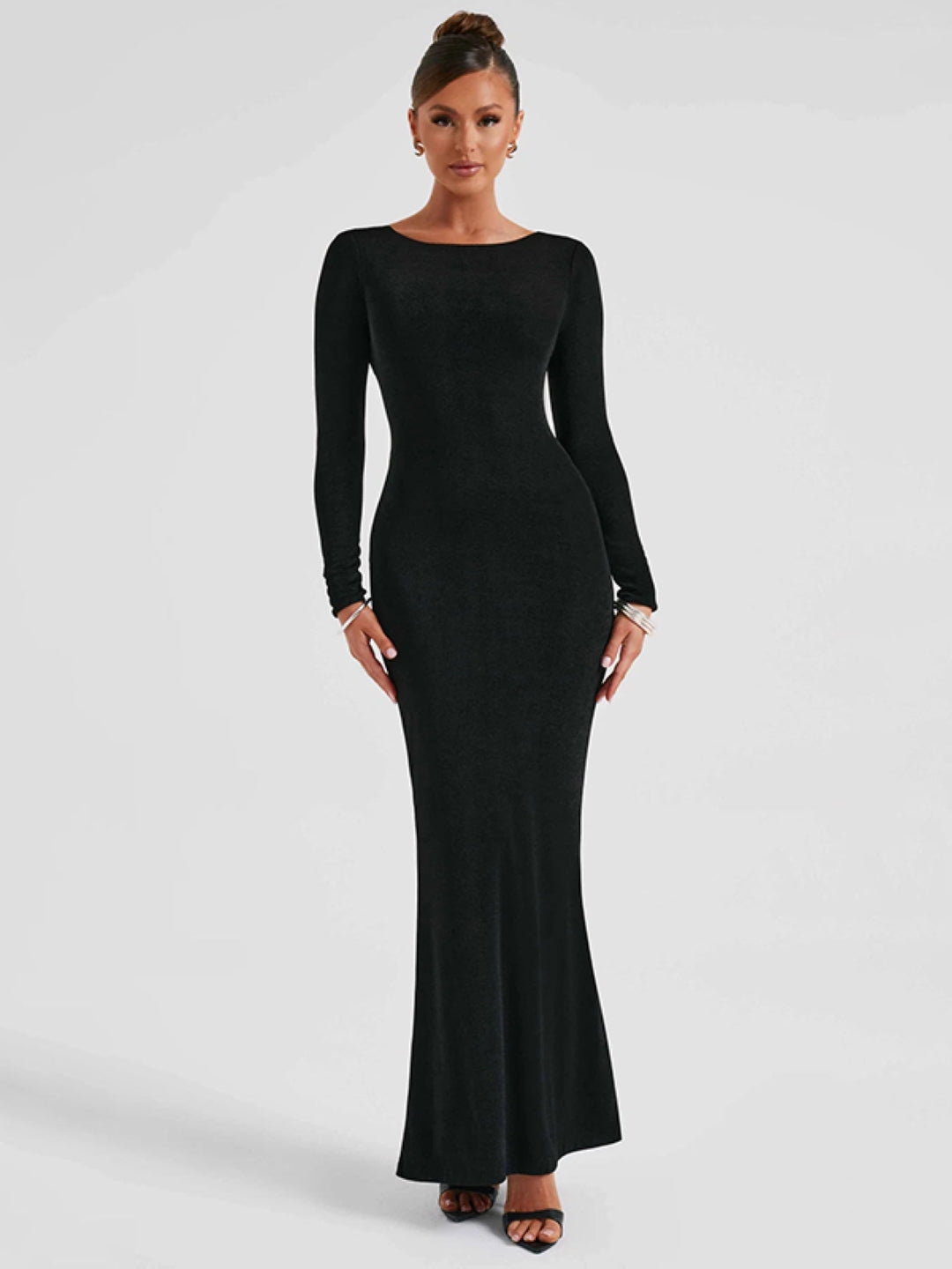 Black Round Neck Solid Long Sleeves Maxi Bodycon Polyester Dress