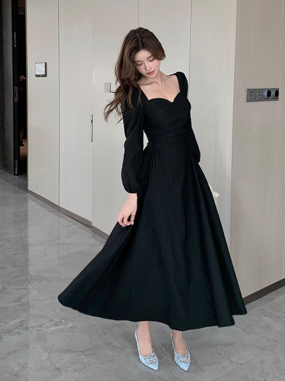 Black V-Neck Solid Long Sleeves Maxi A-Line Polyester Dress