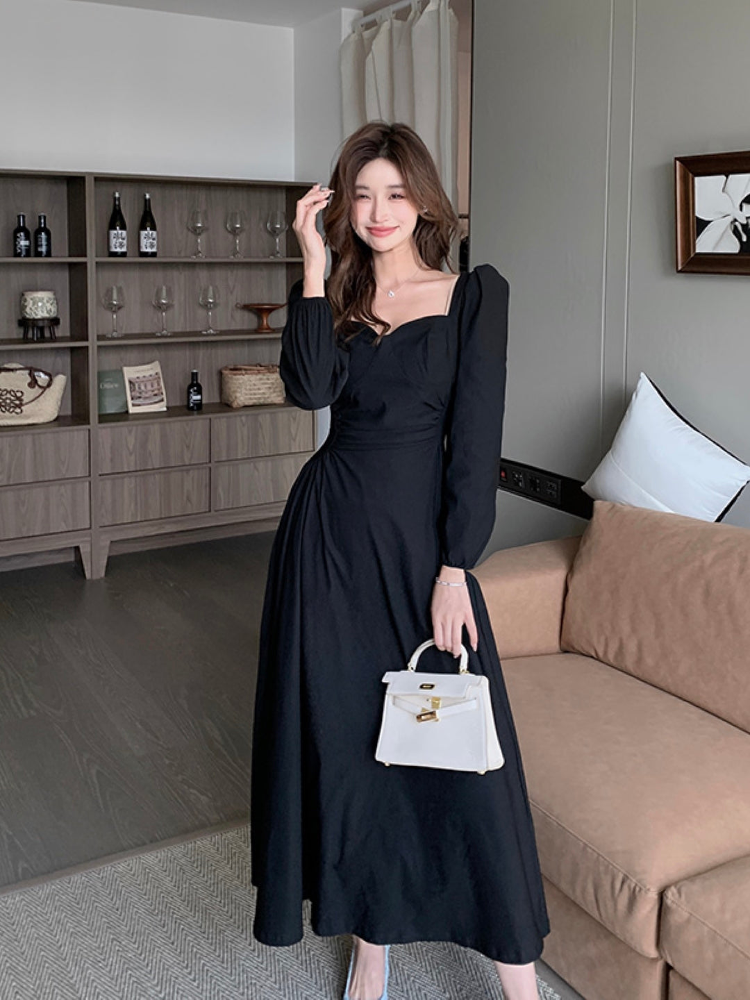 Black V-Neck Solid Long Sleeves Maxi A-Line Polyester Dress