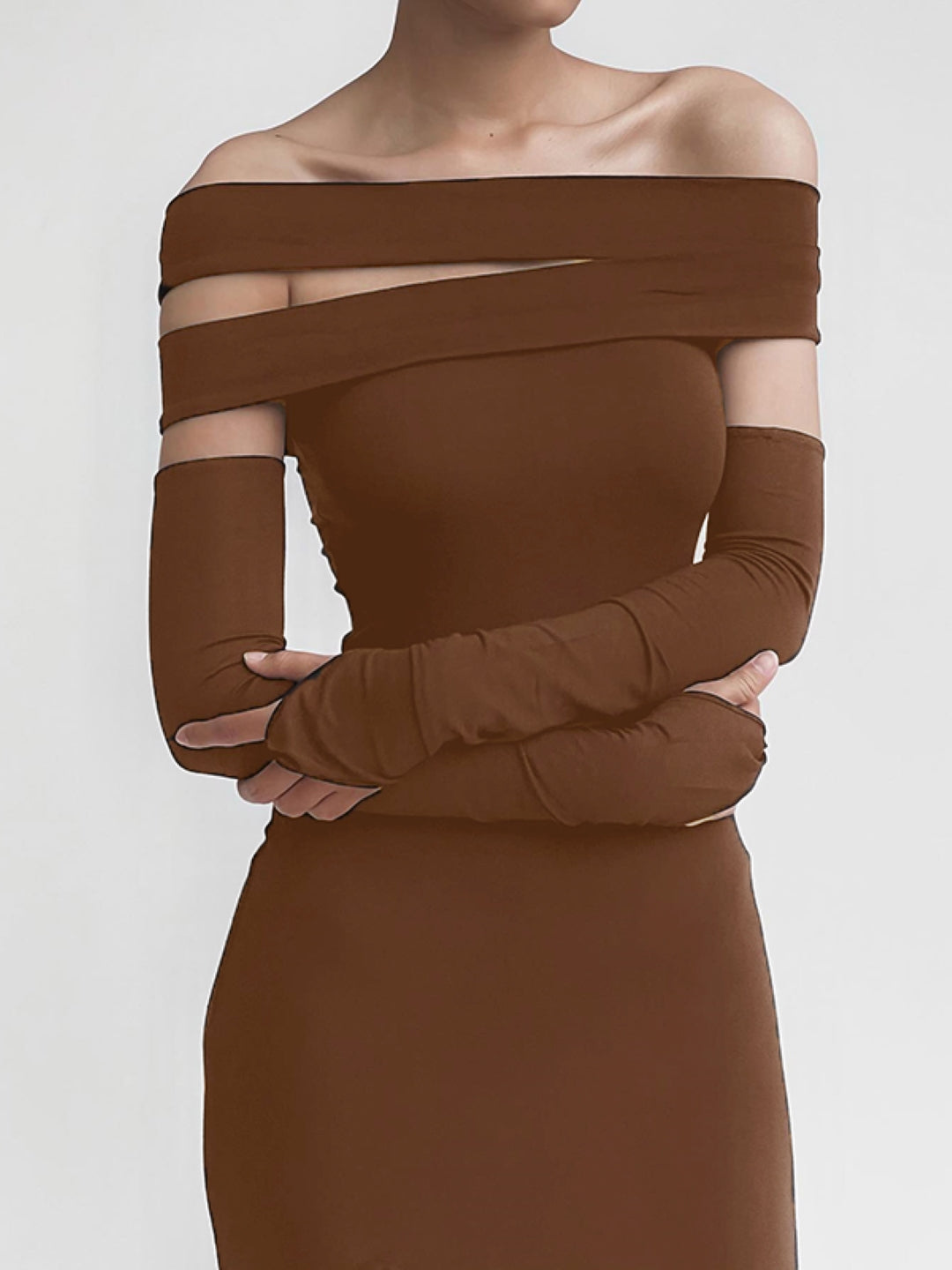 Brown Off-Shoulder Solid Sleeveless Maxi Bodycon Polyester Dress