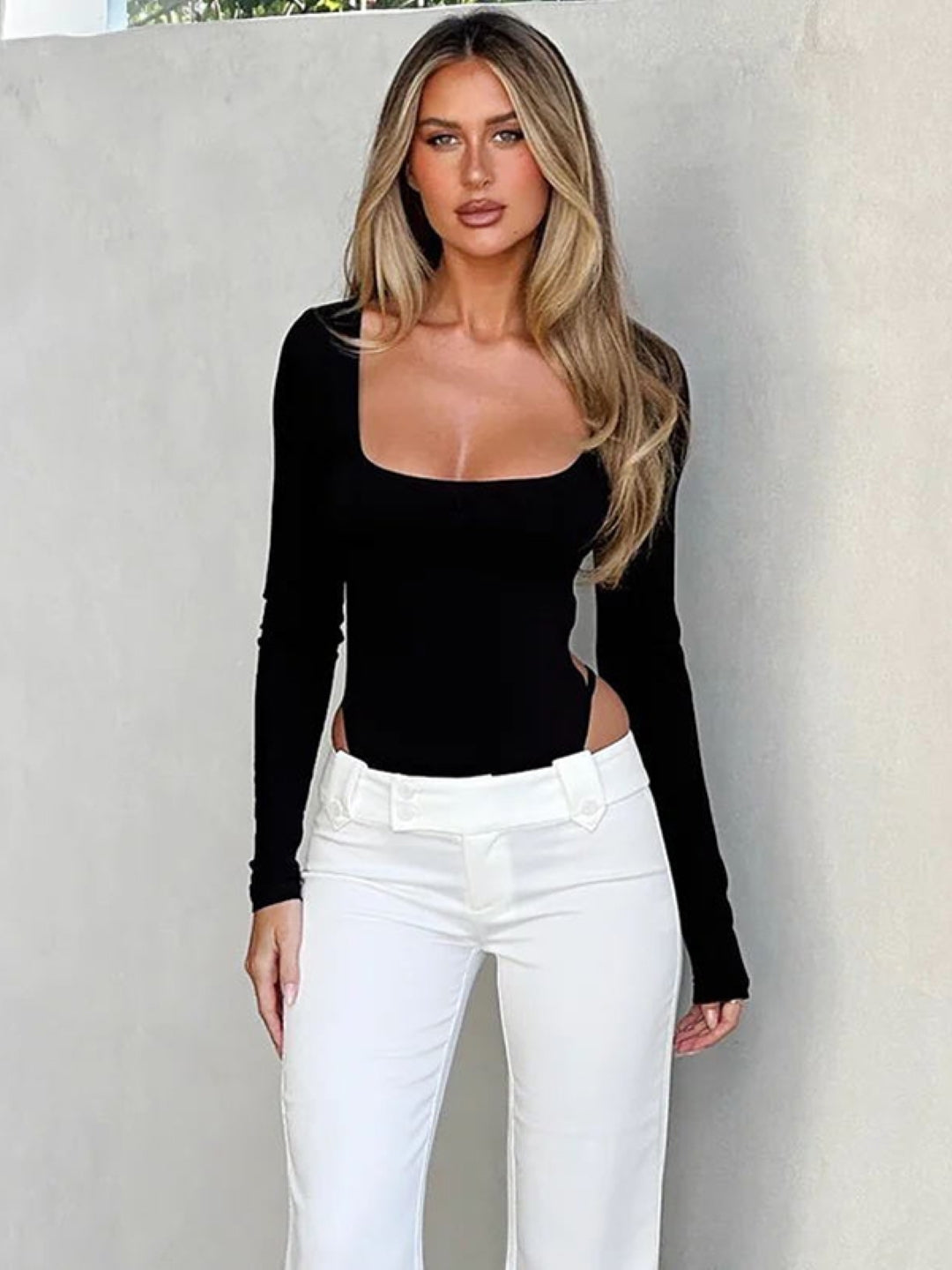 Black Square Neck Long Sleeves Solid Polyester Jumpsuit