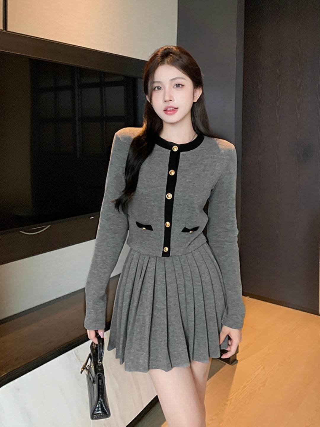 Grey Round Neck Long Sleeves Top & Skirt Set