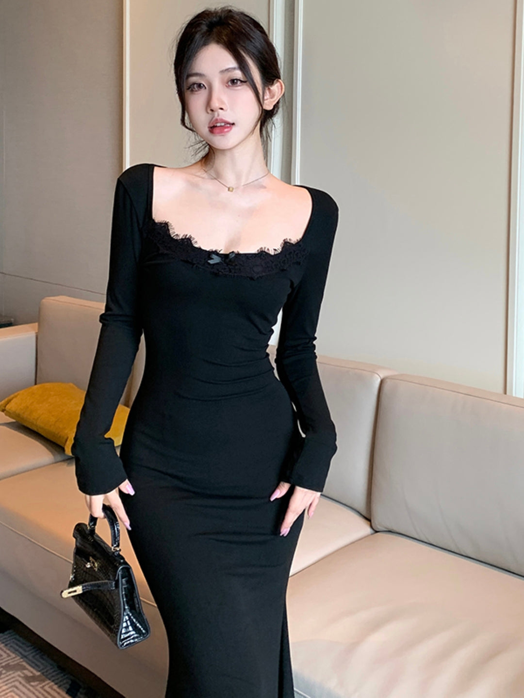 Black Round Neck Solid Long Sleeves Maxi Bodycon Polyester Dress