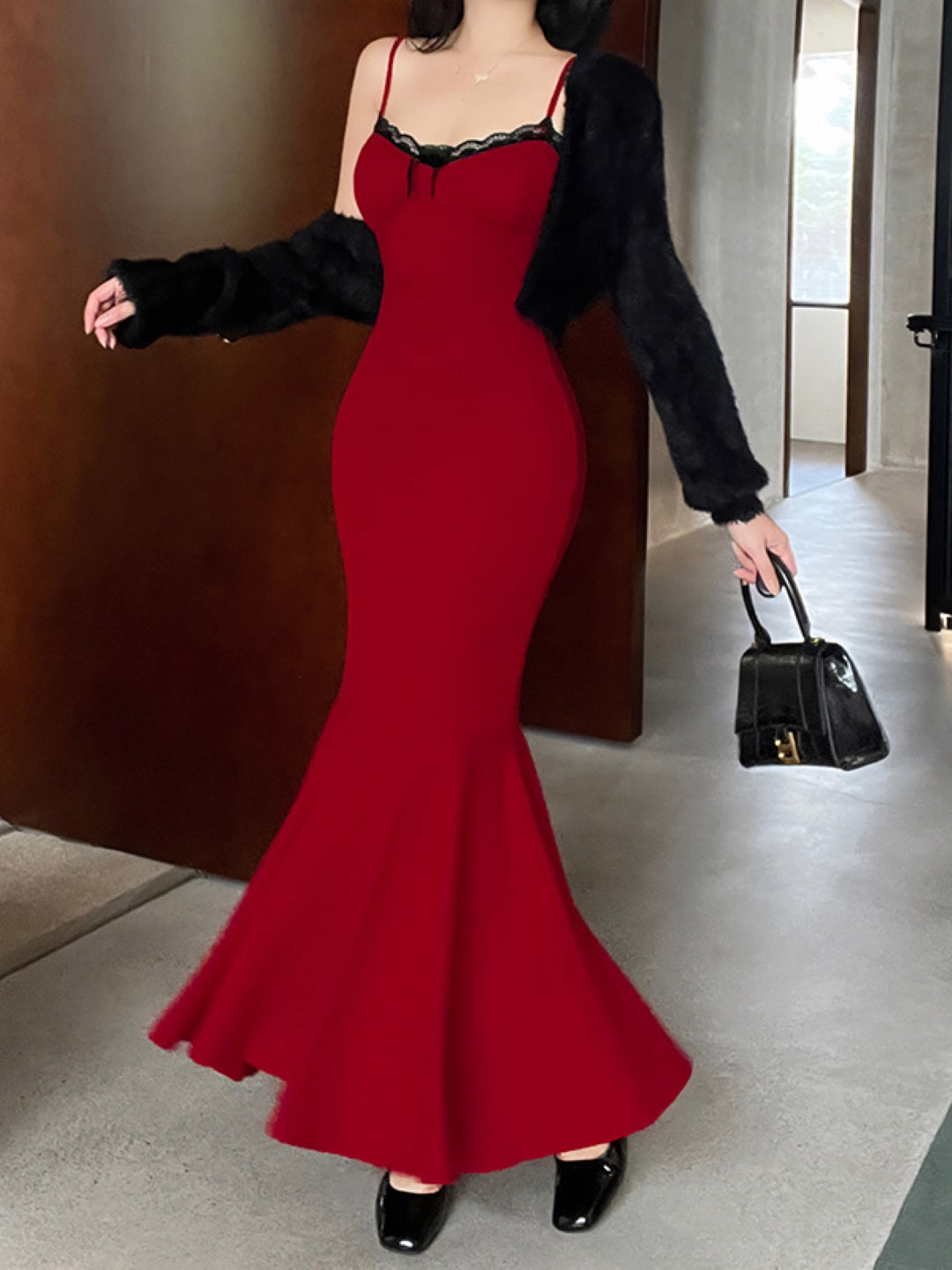 Red Shoulder Straps Solid Sleeveless Maxi A-Line Polyester Dress