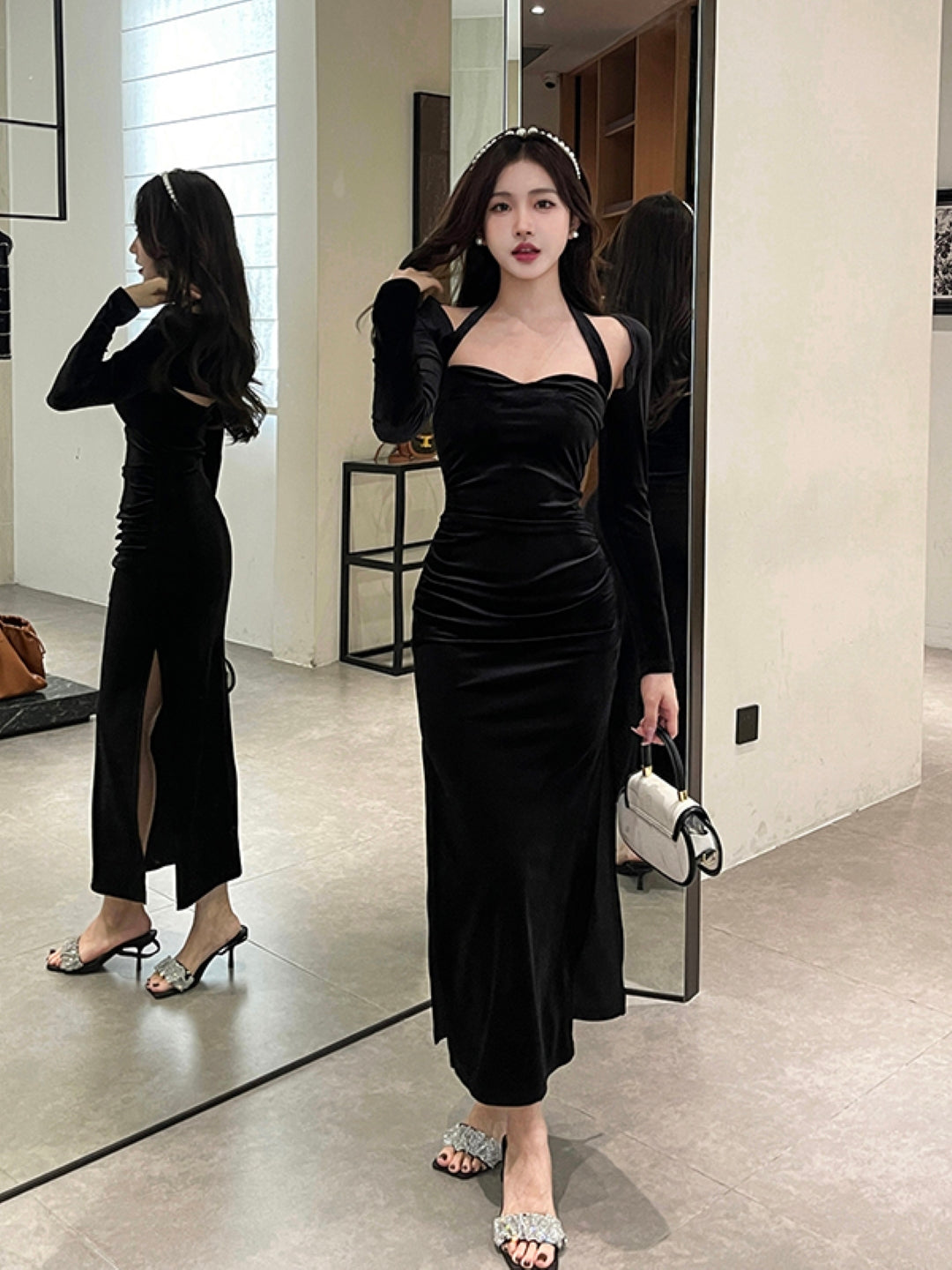 Black Shoulder Straps Solid Long Sleeves Maxi Bodycon Polyester Dress