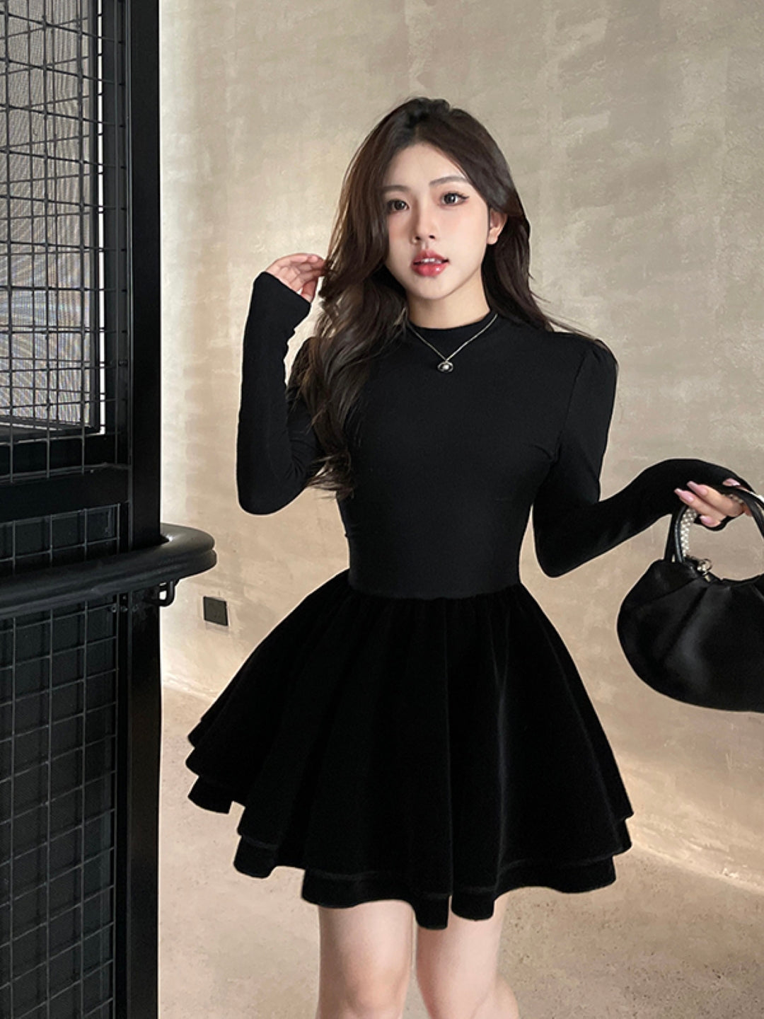 Black Round Neck Solid Long Sleeves Above Knee A-Line Polyester Dress