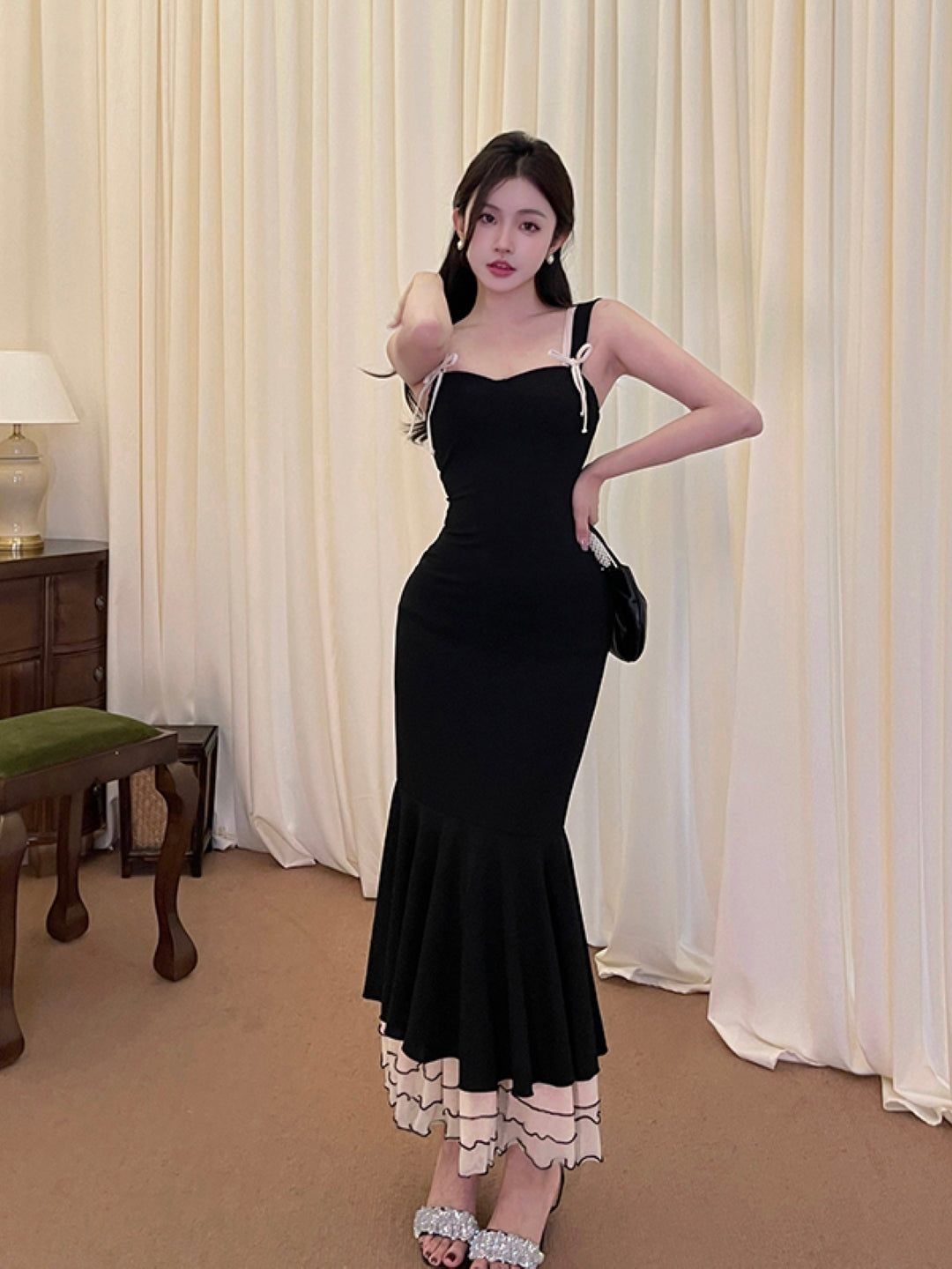 Black Shoulder Straps Solid Sleeveless Maxi A-Line Polyester Dress