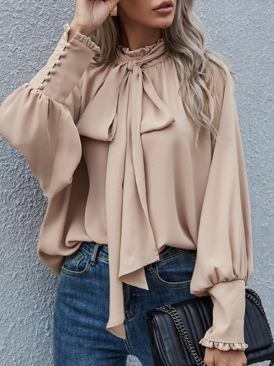 Cream Round Neck Solid Long Sleeves Woven Polyester Tops