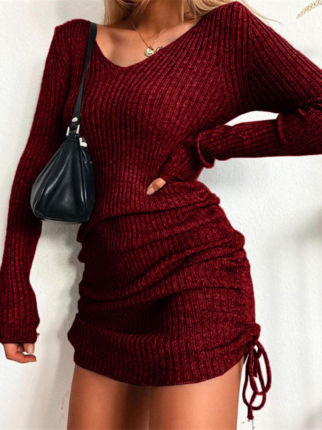 Burgundy V-Neck Bodycon Party Solid Long Sleeves Above Knee Polyester Dress