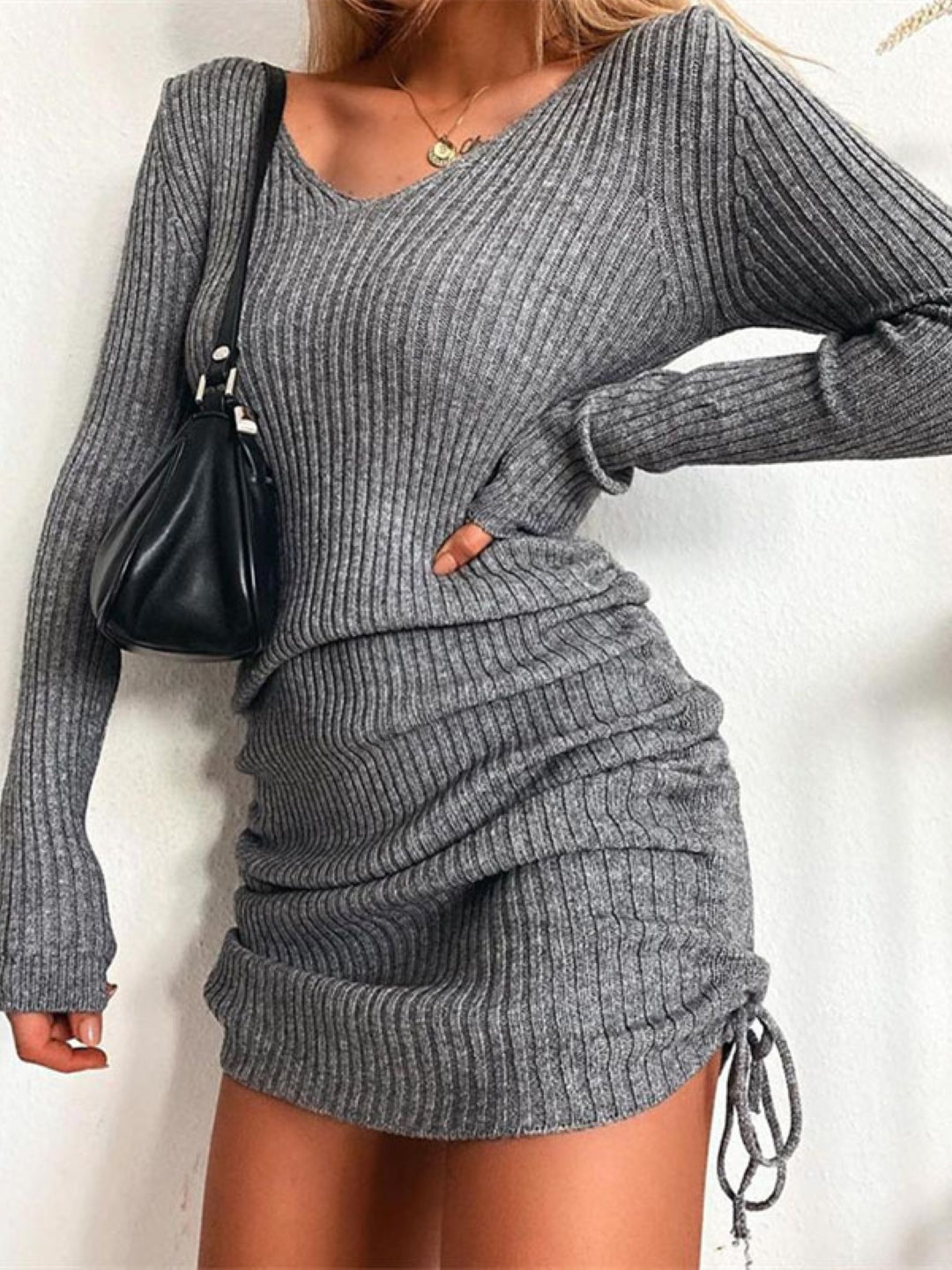 Grey V-Neck Bodycon Party Solid Long Sleeves Above Knee Polyester Dress