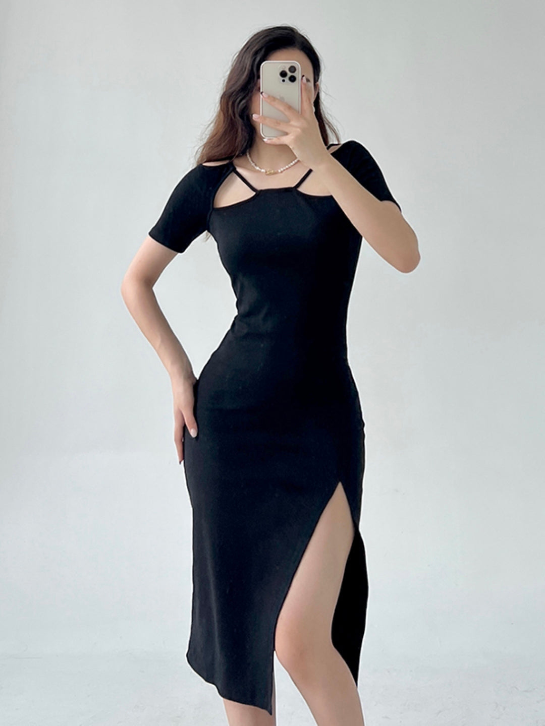 Black V-Neck Solid Short Sleeves Maxi Bodycon Polyester Dress