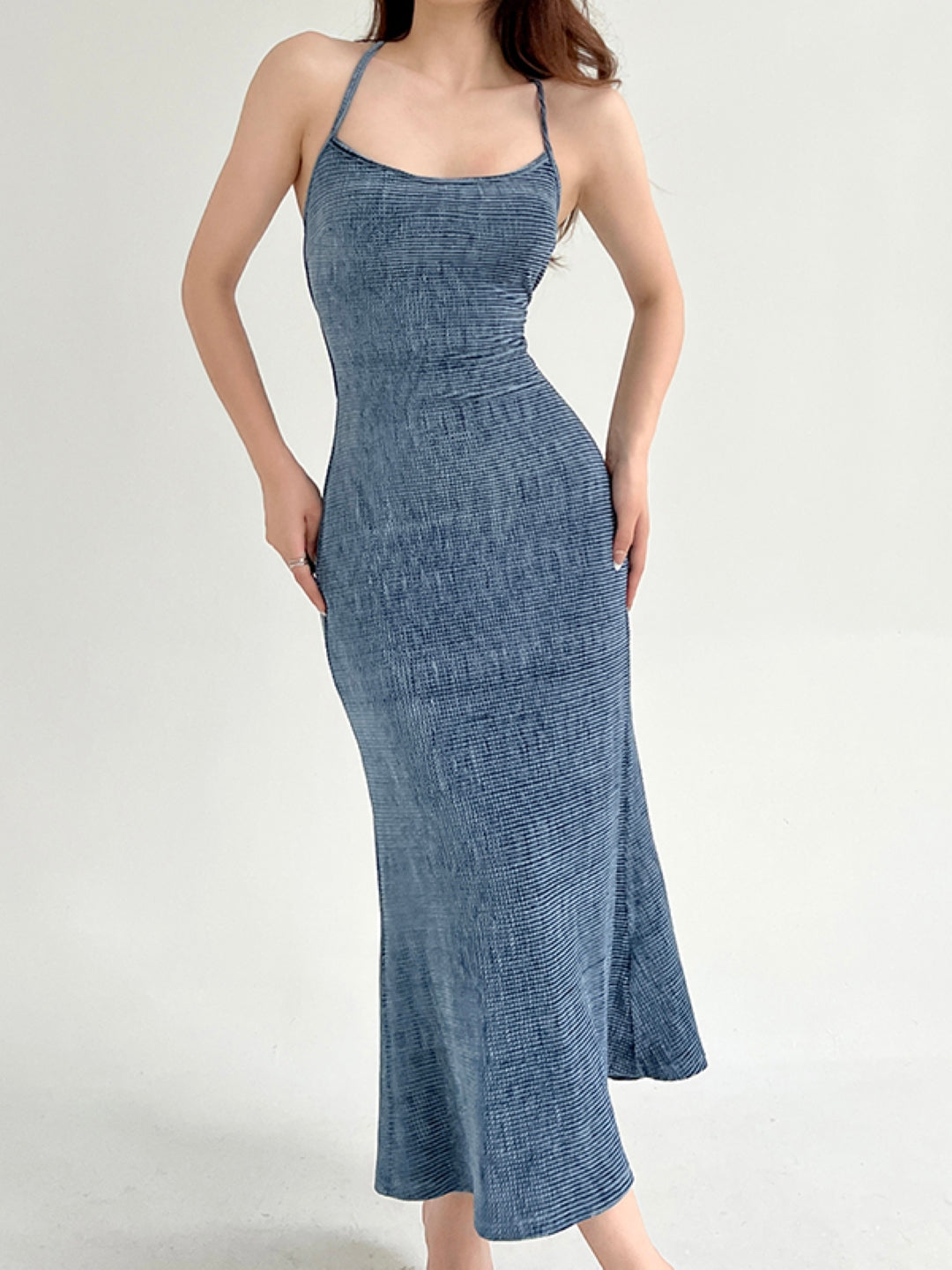 Blue Shoulder Straps Solid Sleeveless Maxi Bodycon Polyester Dress