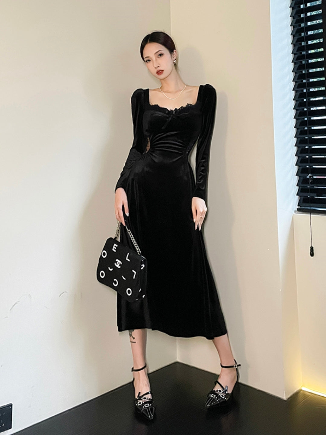 Black Square Neck Solid Long Sleeves Maxi Bodycon Polyester Dress