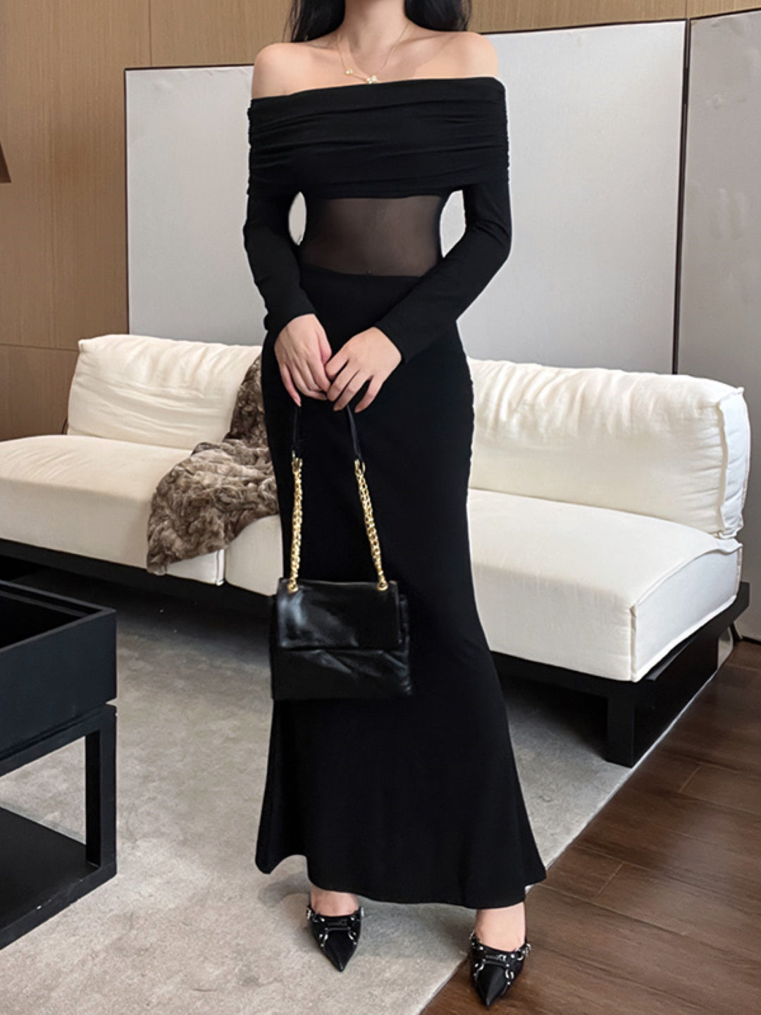 Black Off-Shoulder Solid Long Sleeves Maxi Bodycon Polyester Dress