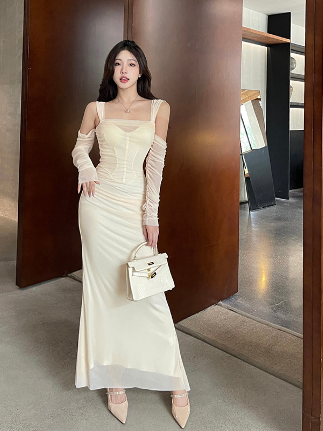 Cream Shoulder Straps Solid Long Sleeves Maxi Bodycon Polyester Dress