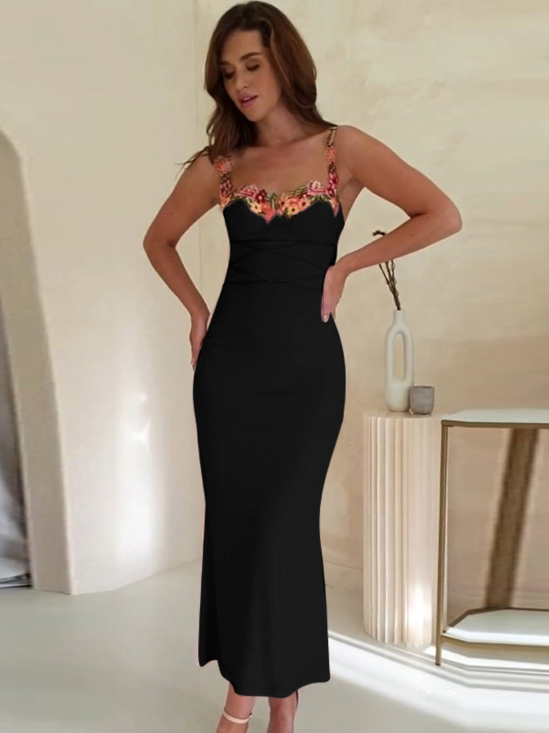 Black Shoulder Straps Solid Sleeveless Maxi Bodycon Polyester Dress