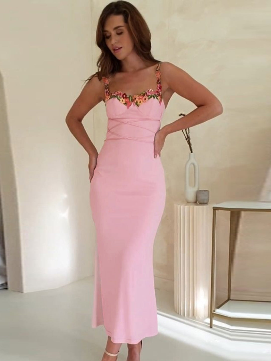 Pink Shoulder Straps Solid Sleeveless Maxi Bodycon Polyester Dress