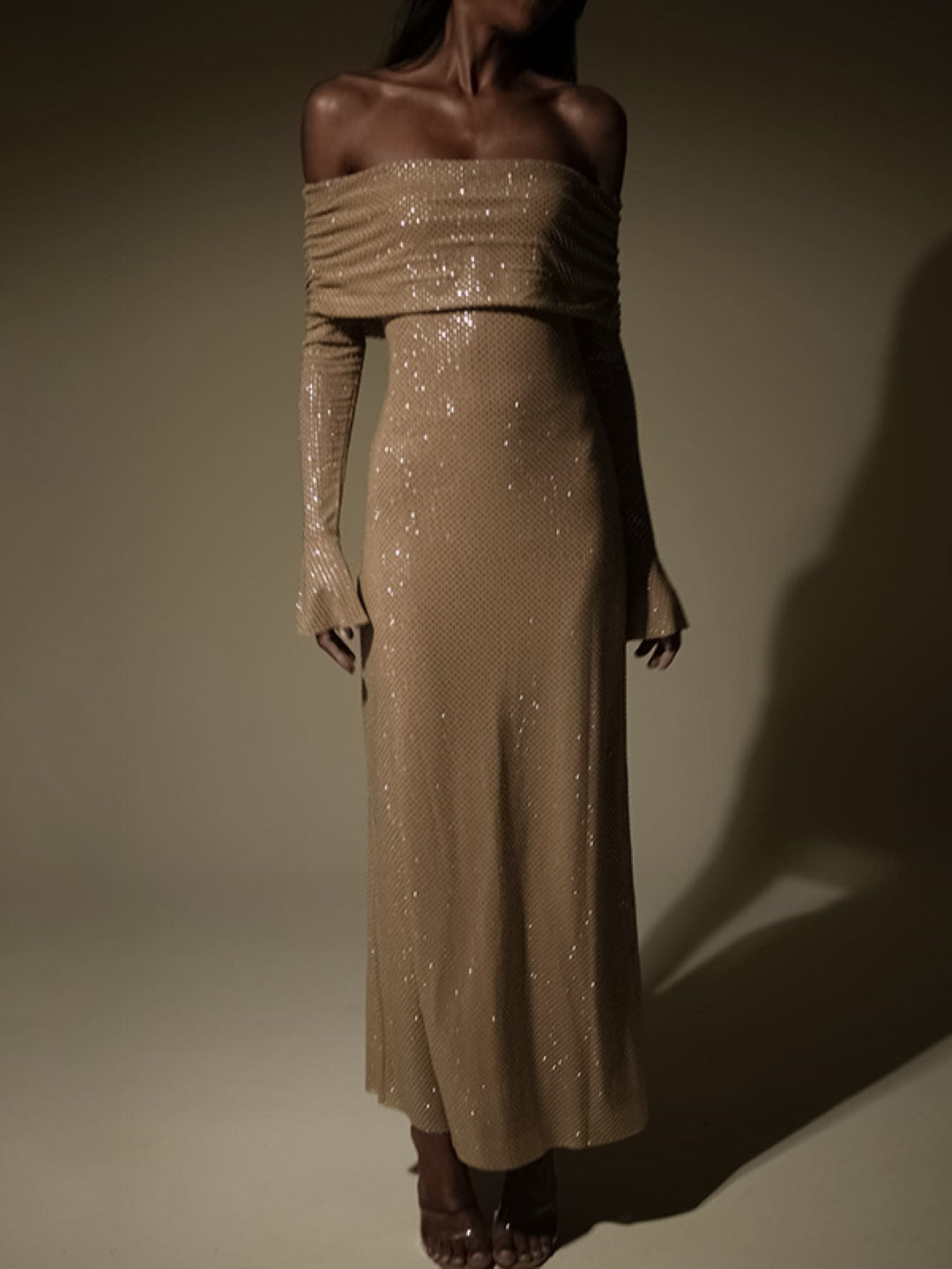 Brown Off-Shoulder Solid Long Sleeves Maxi Bodycon Polyester Dress