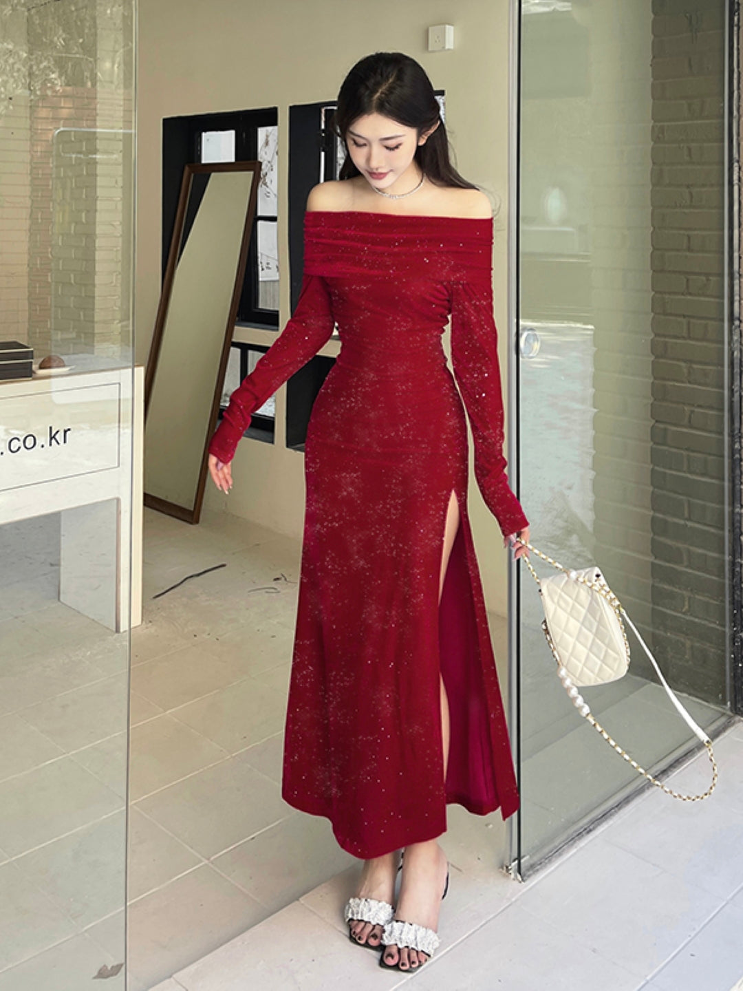 Burgundy Off-Shoulder Solid Long Sleeves Maxi Bodycon Polyester Dress