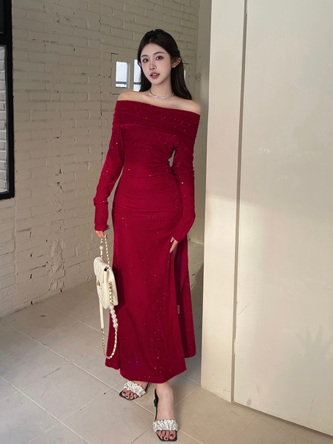 Burgundy Off-Shoulder Solid Long Sleeves Maxi Bodycon Polyester Dress