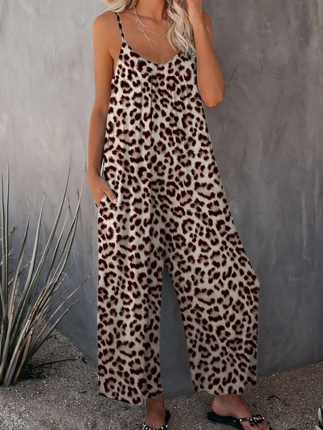 Khaki Shoulder Straps Sleeveless Printed Polyester Jumpsuit