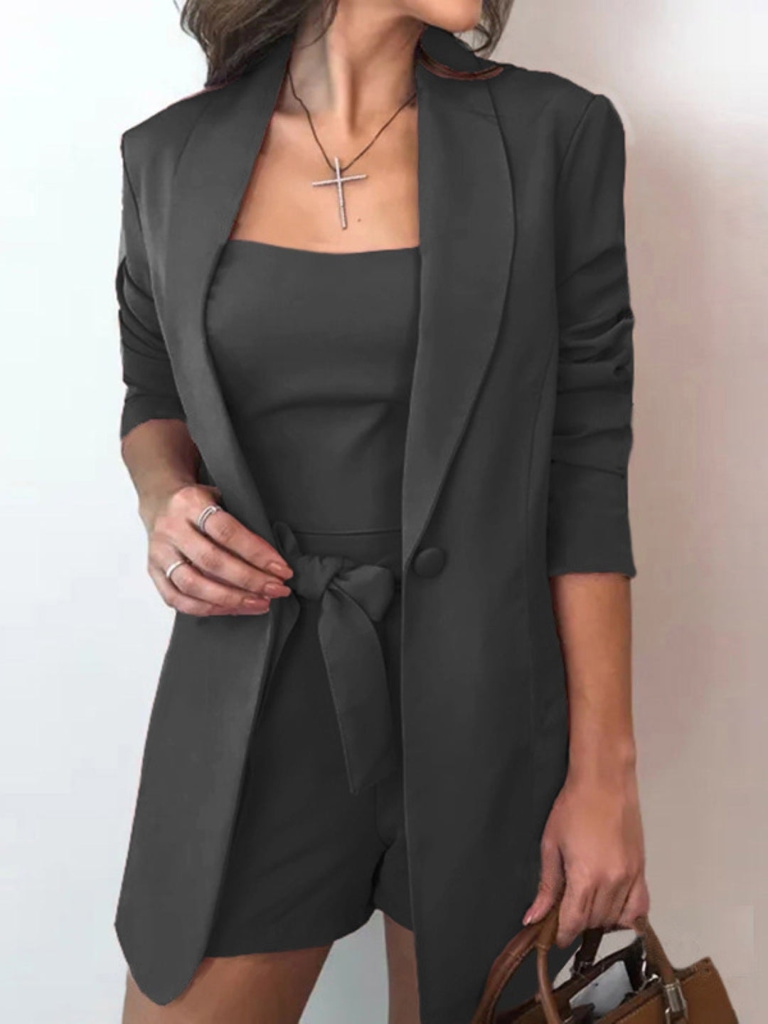 Black Halter Neck Polyester Three-Quarter Sleeves Solid Coat & Shorts Set