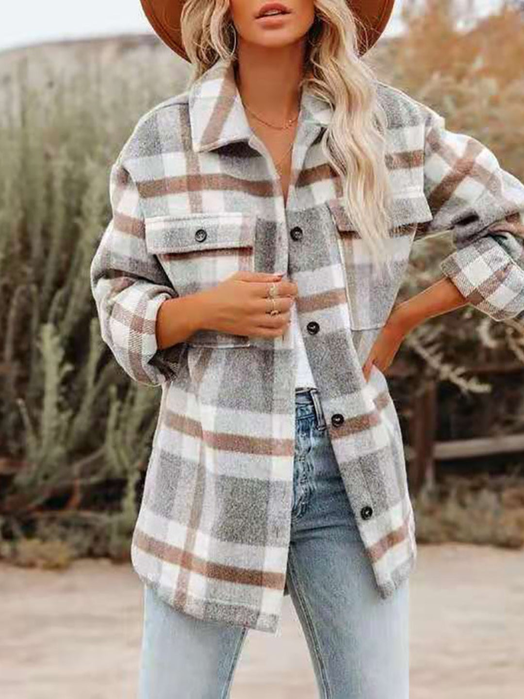 Grey Shirt Collar Three-Quarter Sleeves Checked Polyester Top