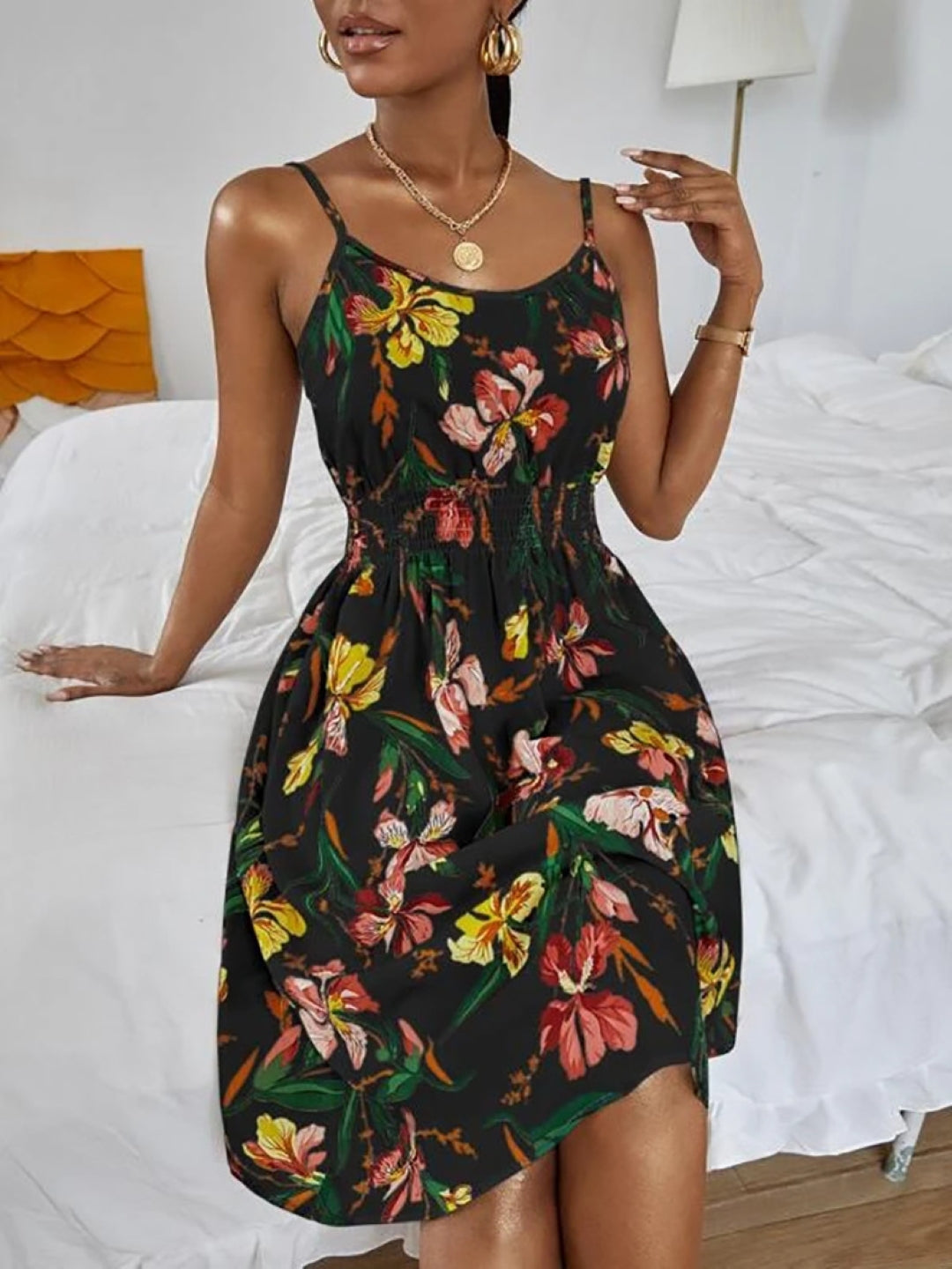 Black Shoulder Straps A-Line Floral Sleeveless Knee Length Polyester Dress