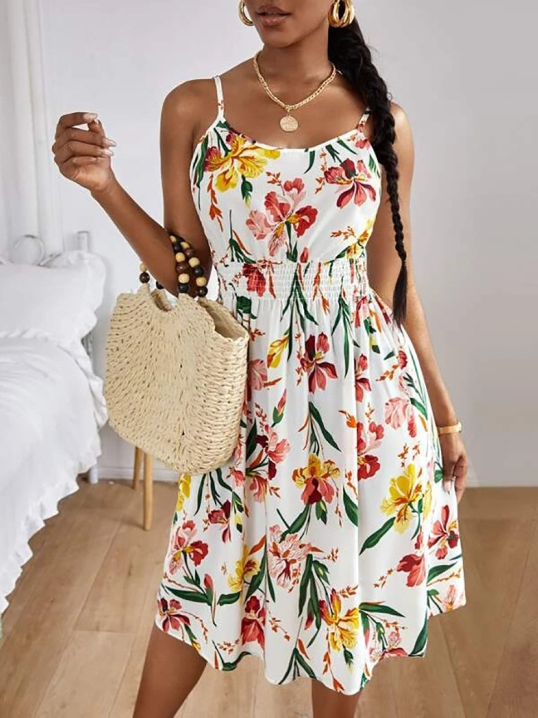 White Shoulder Straps A-Line Floral Sleeveless Knee Length Polyester Dress