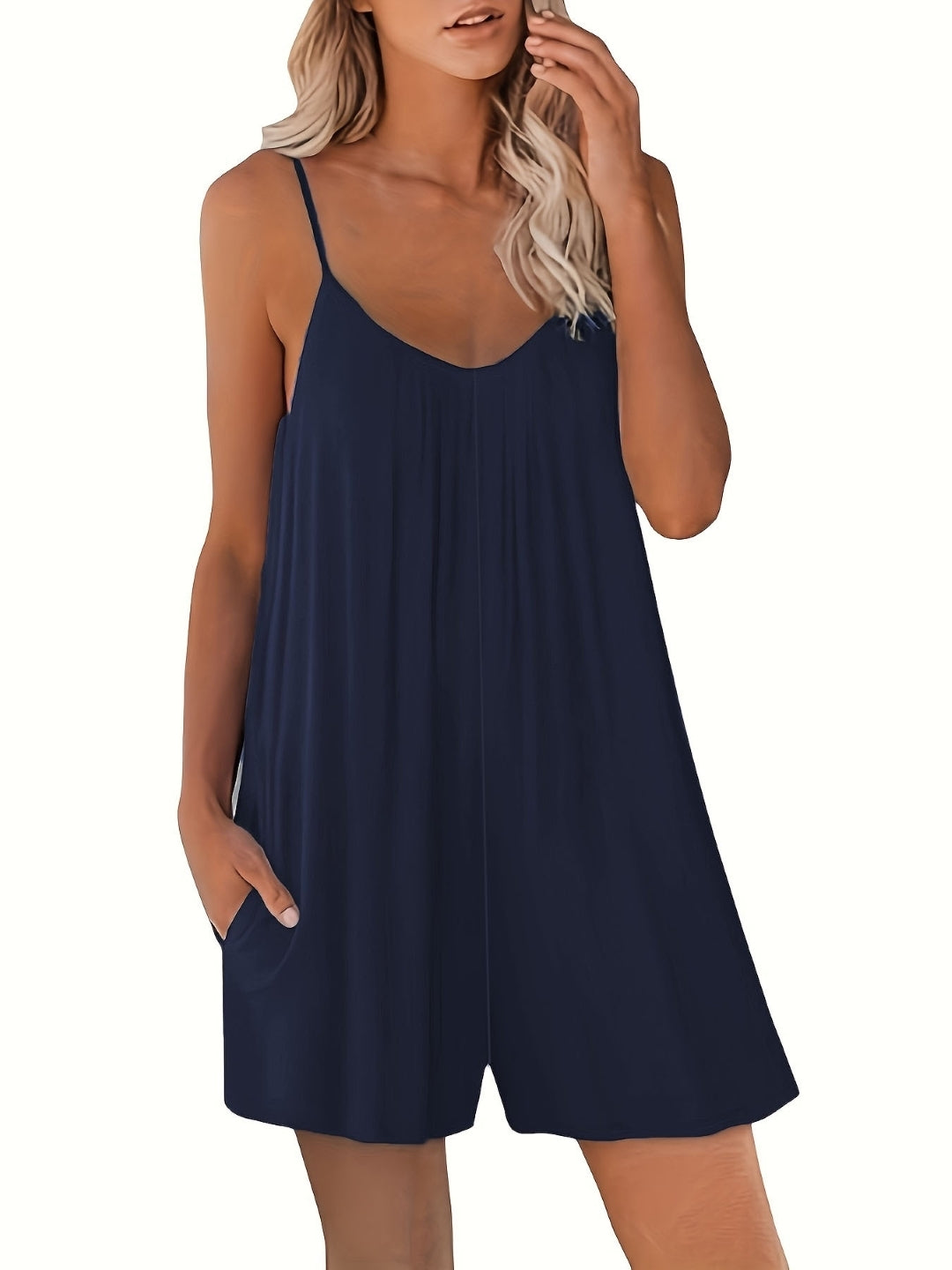 Navy Blue Shoulder Straps Sleeveless Solid Polyester Jumpsuit