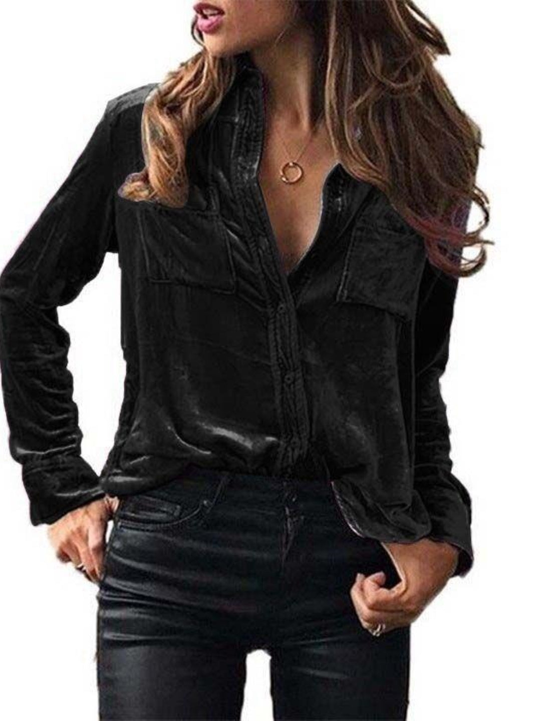 Black Shirt Collar Solid Long Sleeves Woven Polyester Tops