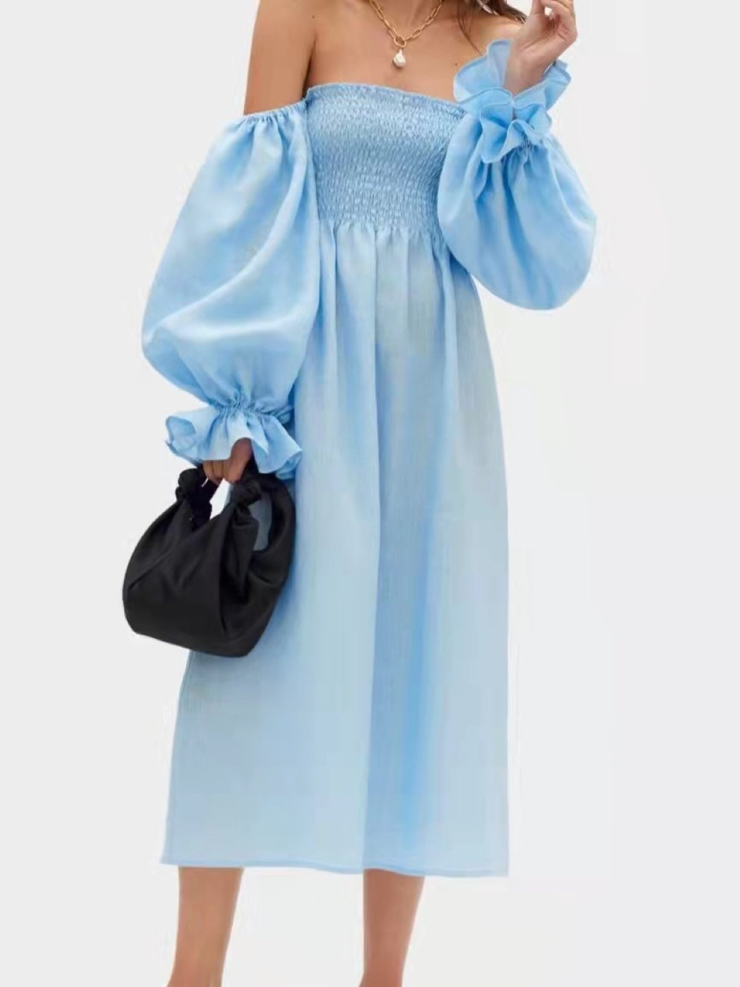 Blue Off-Shoulder A-Line Party Solid Long Sleeves Maxi Polyester Dress