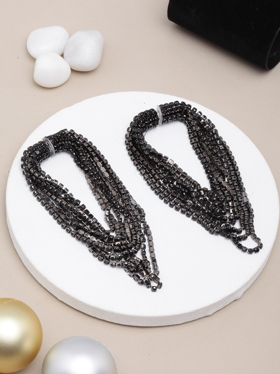 Black-Plated Stone Studded Multi-Chain Earrings