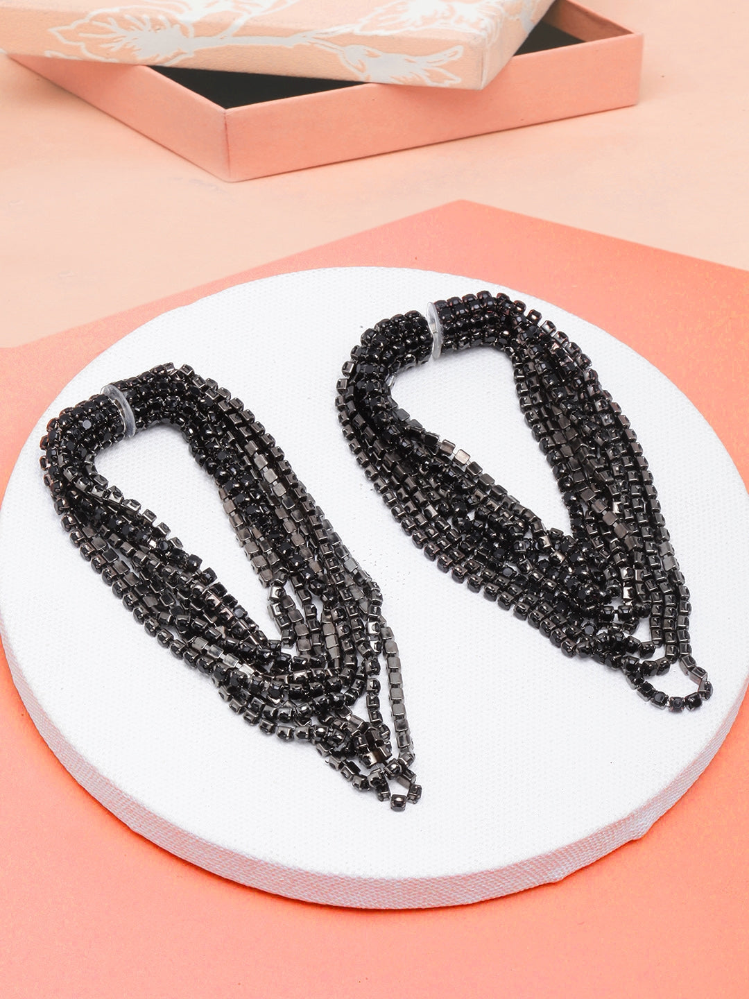 Black-Plated Stone Studded Multi-Chain Earrings