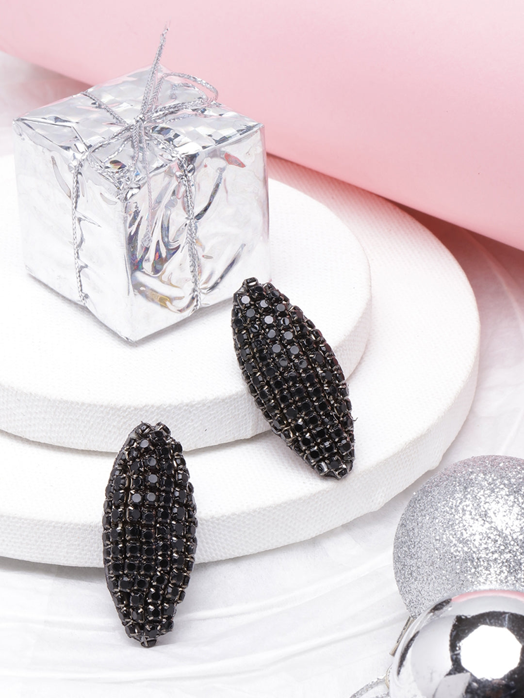 Black-Plated Black Rhinestone Studded Earrings