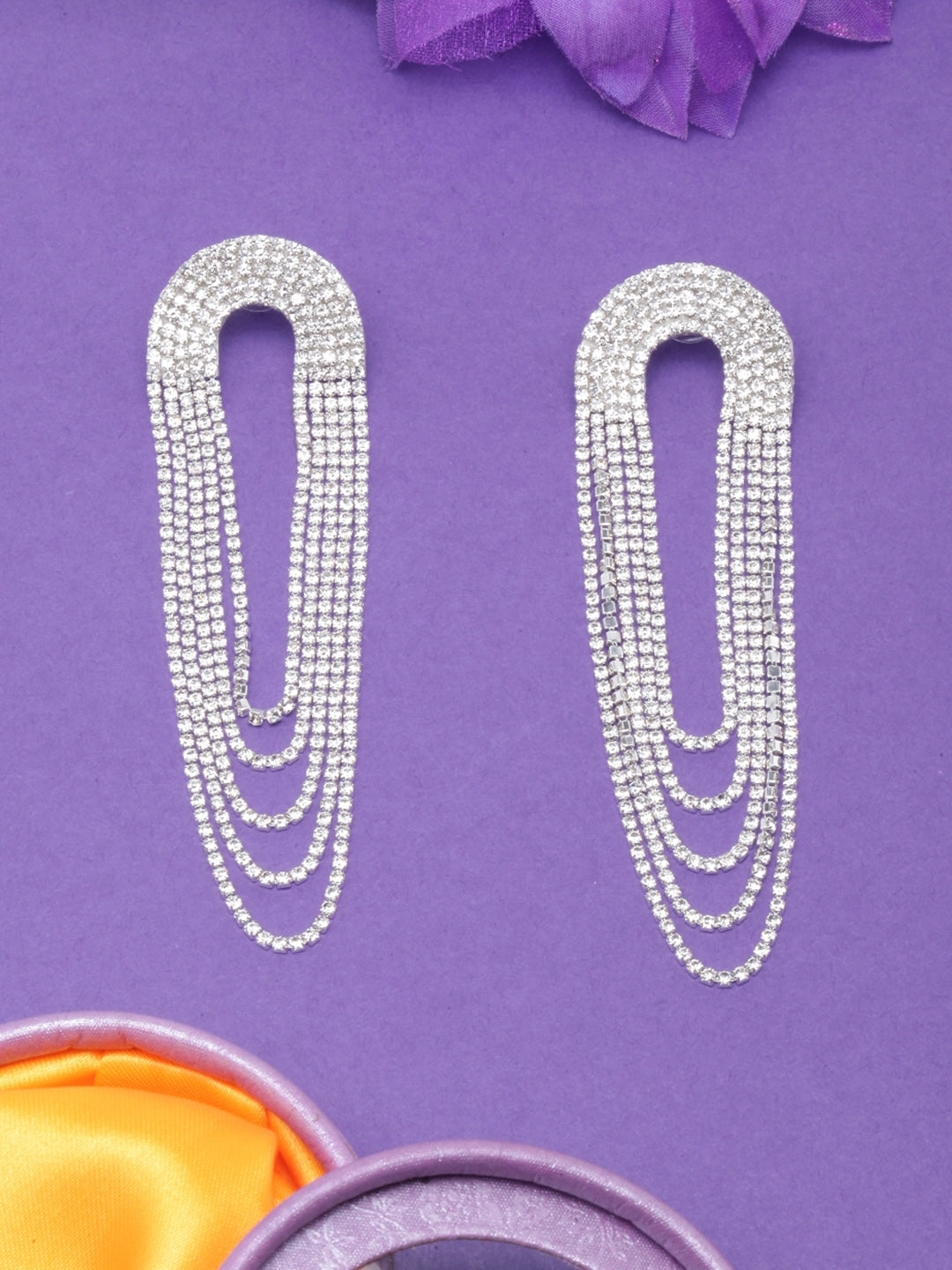 Silver-Plated Rhinestone Metallic Chain Drop Earrings