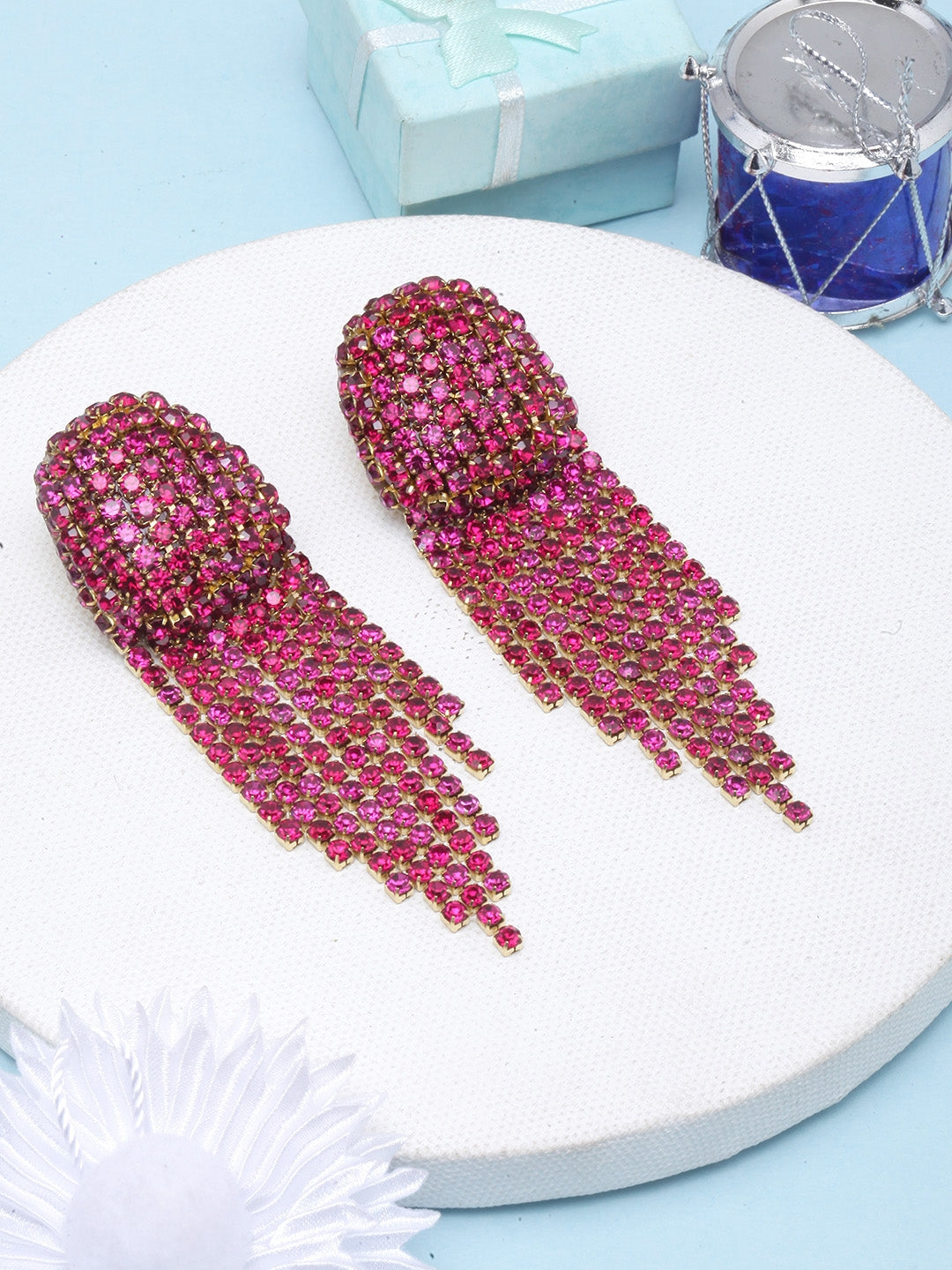 Gold-Plated Pink Rhinestone Studded Drop Earrings