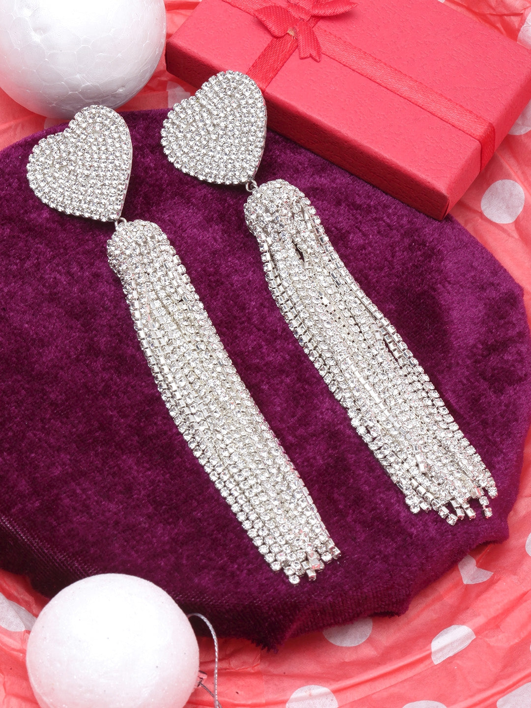 Silver-Plated Transparent Rhinestone Studded Heart Shaped Metallic Tassels