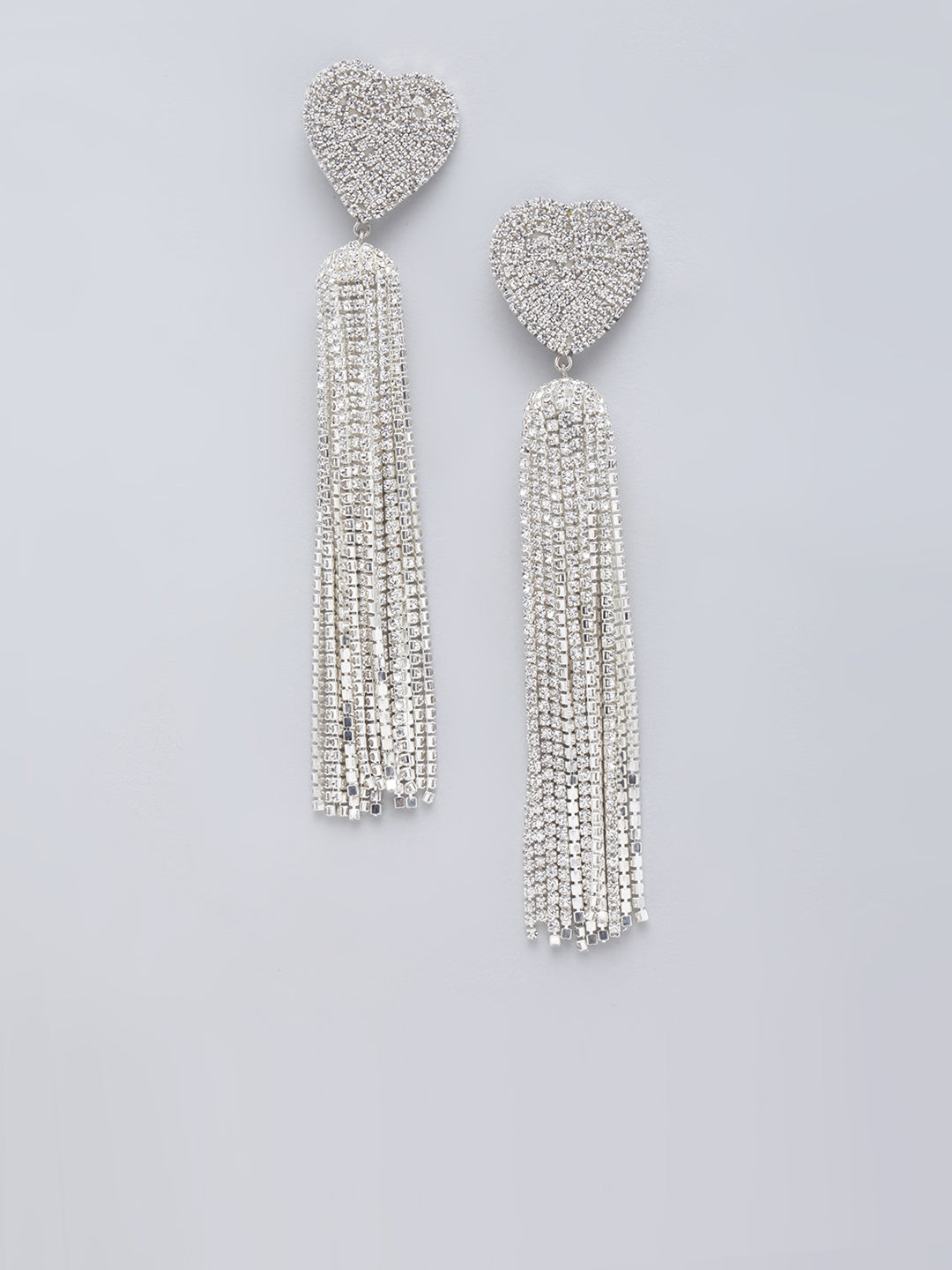 Silver-Plated Transparent Rhinestone Studded Heart Shaped Metallic Tassels