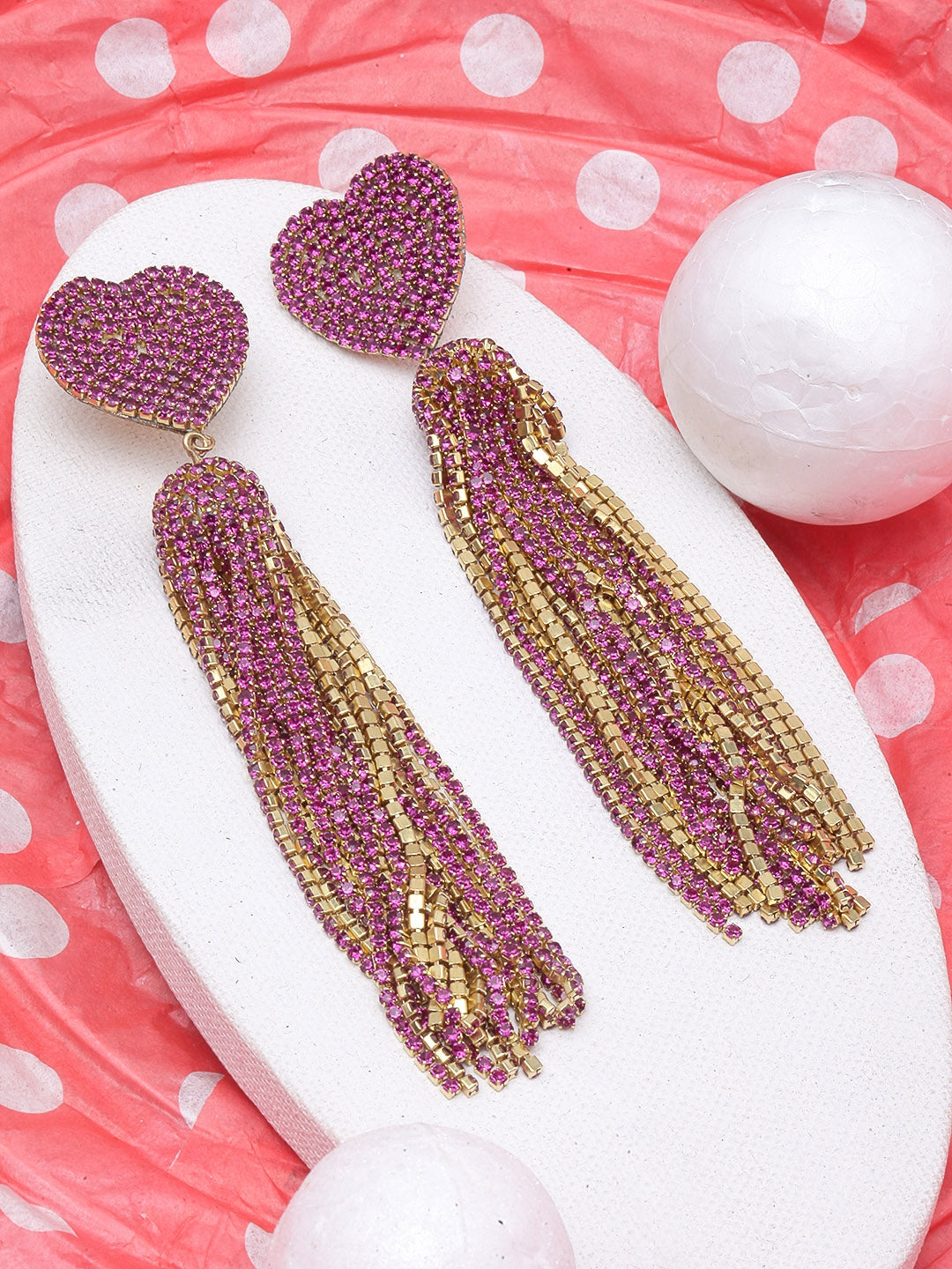 Gold-Plated Pink Rhinestone Studded Heart Shaped Metallic Tassels