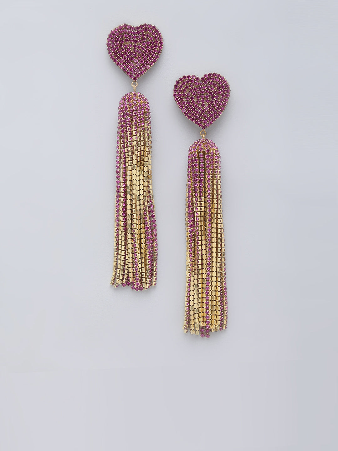 Gold-Plated Pink Rhinestone Studded Heart Shaped Metallic Tassels