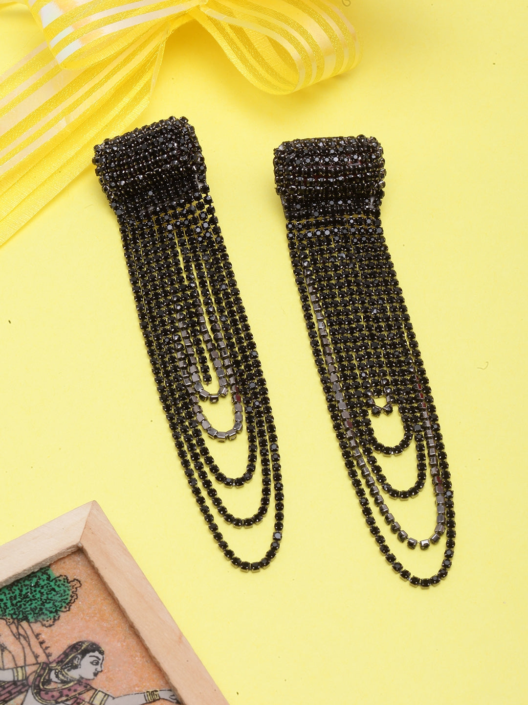 Black-Plated Rhinestone Studded Drop Earrings