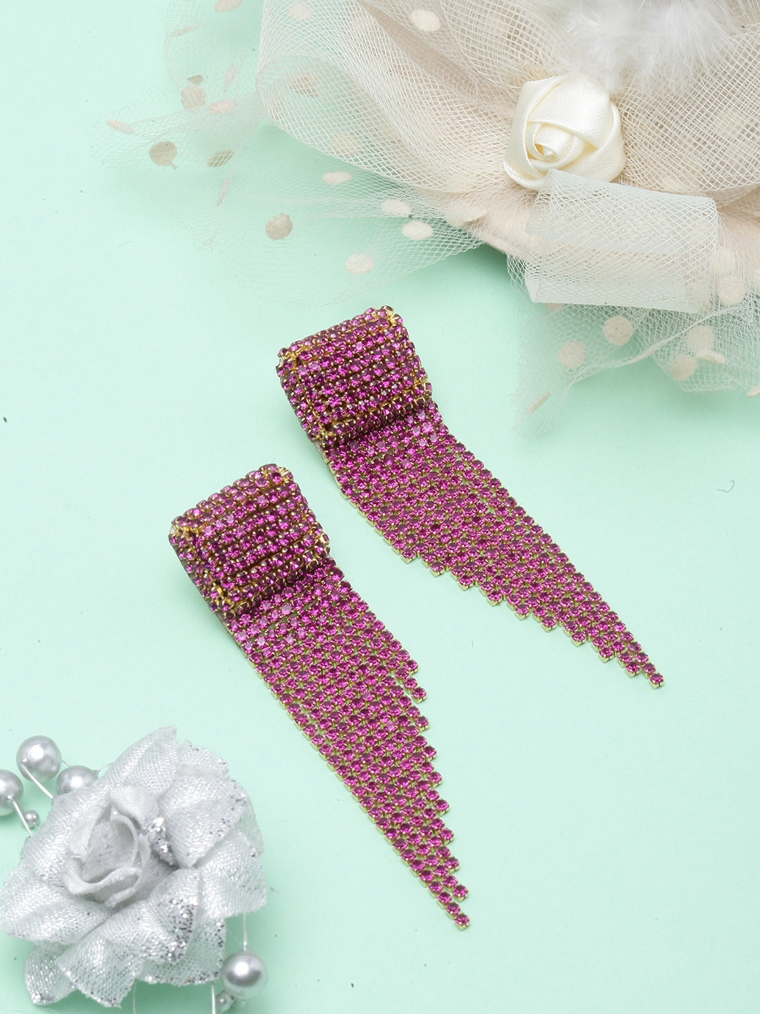 Gold-Plated Pink Rhinestone Studded Drop Earrings