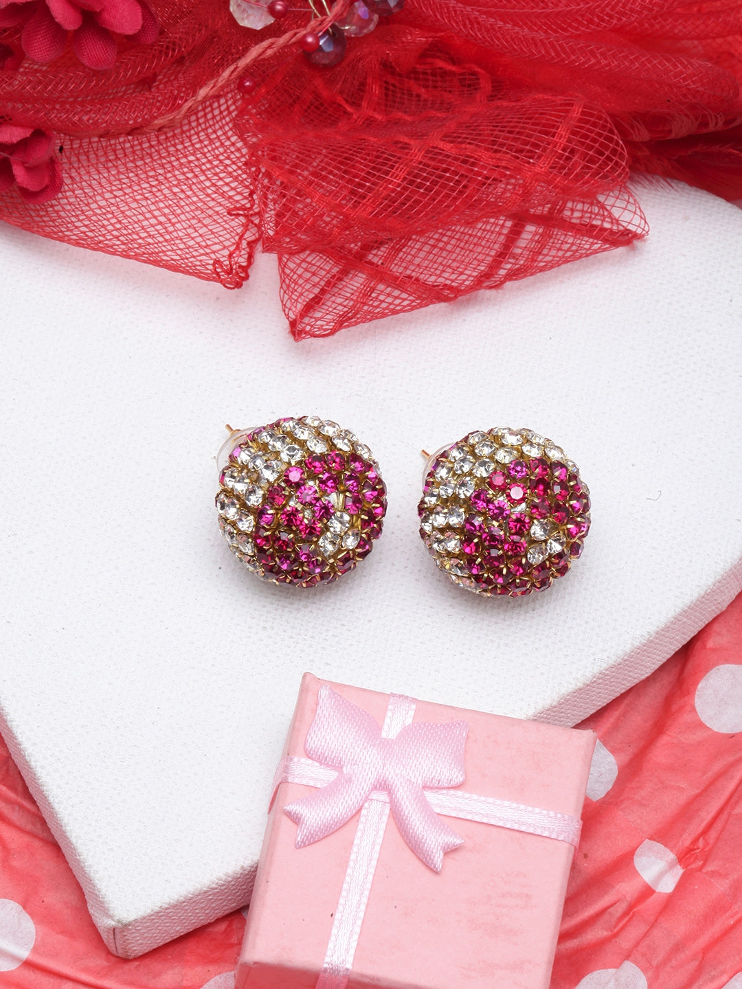 Gold-Plated Pink & Transparent Circular Rhinestone Studs