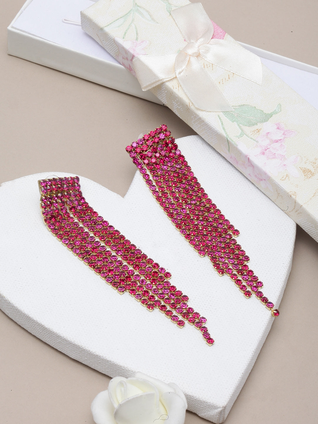 Gold-Plated Pink Rhinestone Studded Drop Earrings