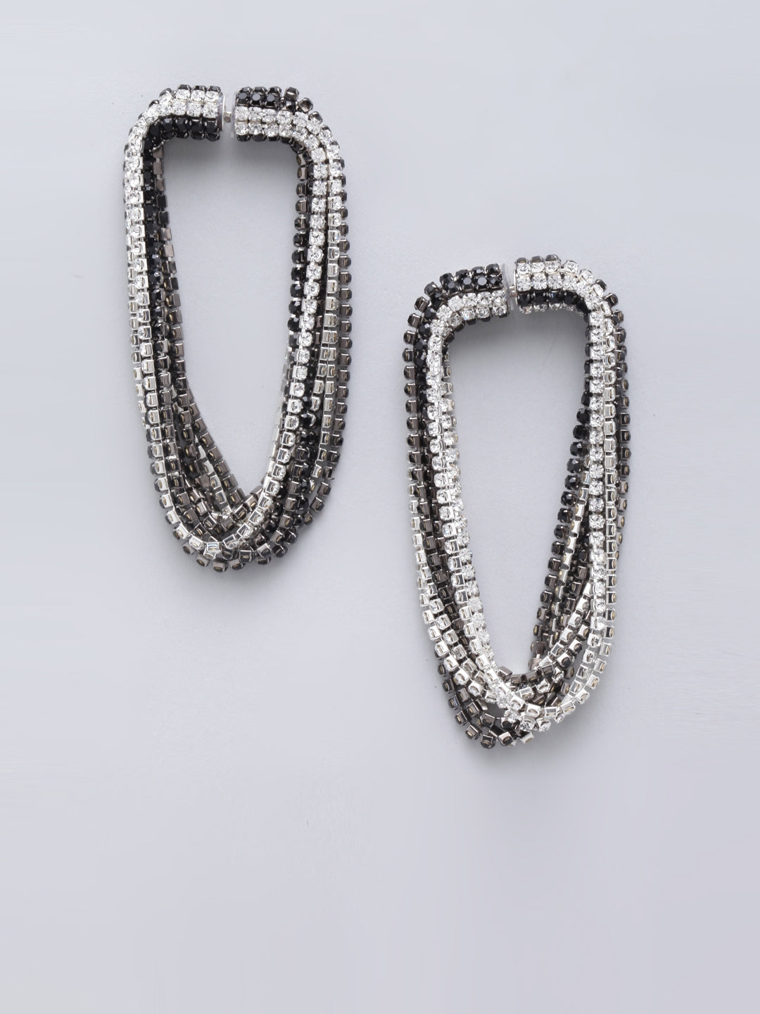 Silver-Plated Black & Transparent Rhinestone Studded Drop Earrings