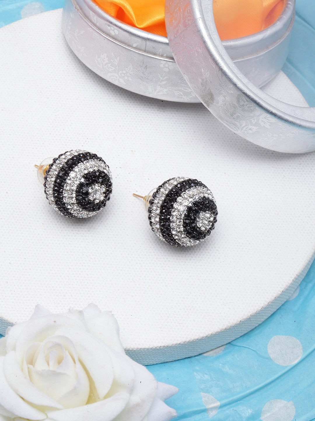 Gold-Plated Black & Transparent Circular Rhinestone Studs